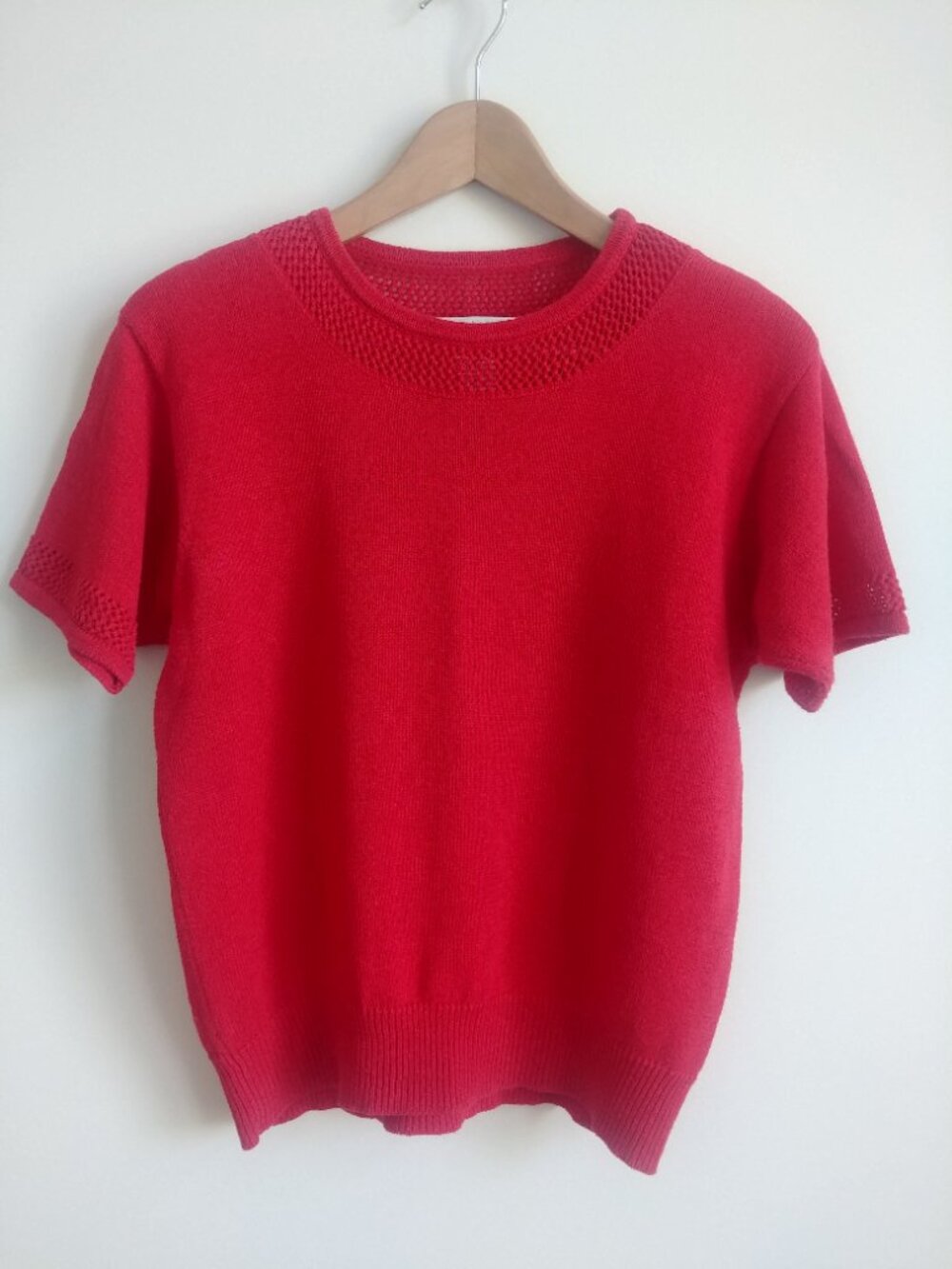 Vintage Hong Kong ramie cotton short sleeve sweater top pointelle trim Medium